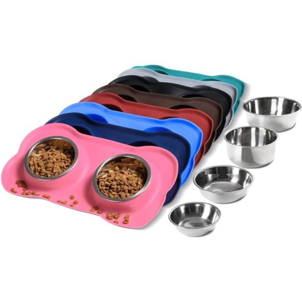 Pet Dog Bowls 2 Stainless Steel Dog Bowl Water and Food Feeder PINK